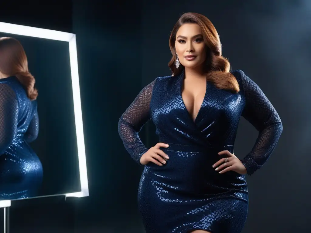 Empoderamiento plussize: moda trendy y autoestima en boutique chic Una mujer de talla grande segura de sí misma, viste un atuendo moderno frente a un espejo de cuerpo entero en una boutique chic