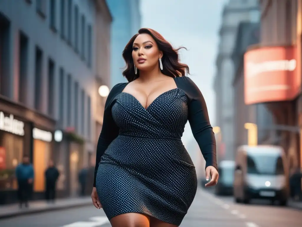 Mujer plus size segura y a la moda en la ciudad Una mujer de talla grande segura de sí misma camina por la ciudad luciendo un conjunto moderno que resalta su estilo personal y su individualidad