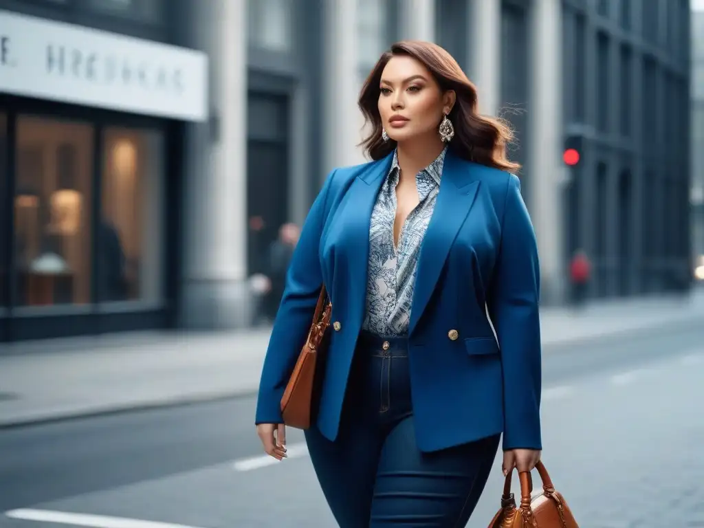 Mujer de talla grande con estilo ejecutivo en la ciudad Una mujer de talla grande segura con blazer y blusa estampada, jeans ajustados y botines elegantes, accesorios llamativos, en la ciudad
