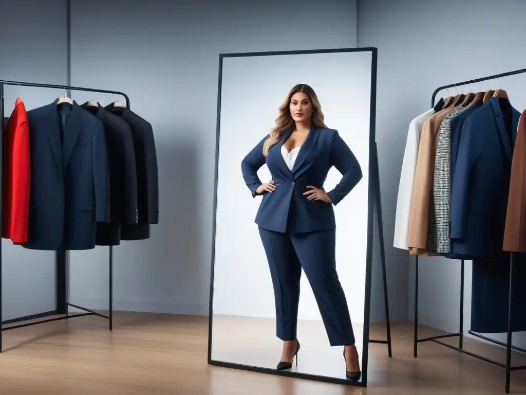 Mujer plus size segura de sí misma ajustando traje en boutique chic Una mujer de talla grande ajustando un traje moderno en una boutique chic