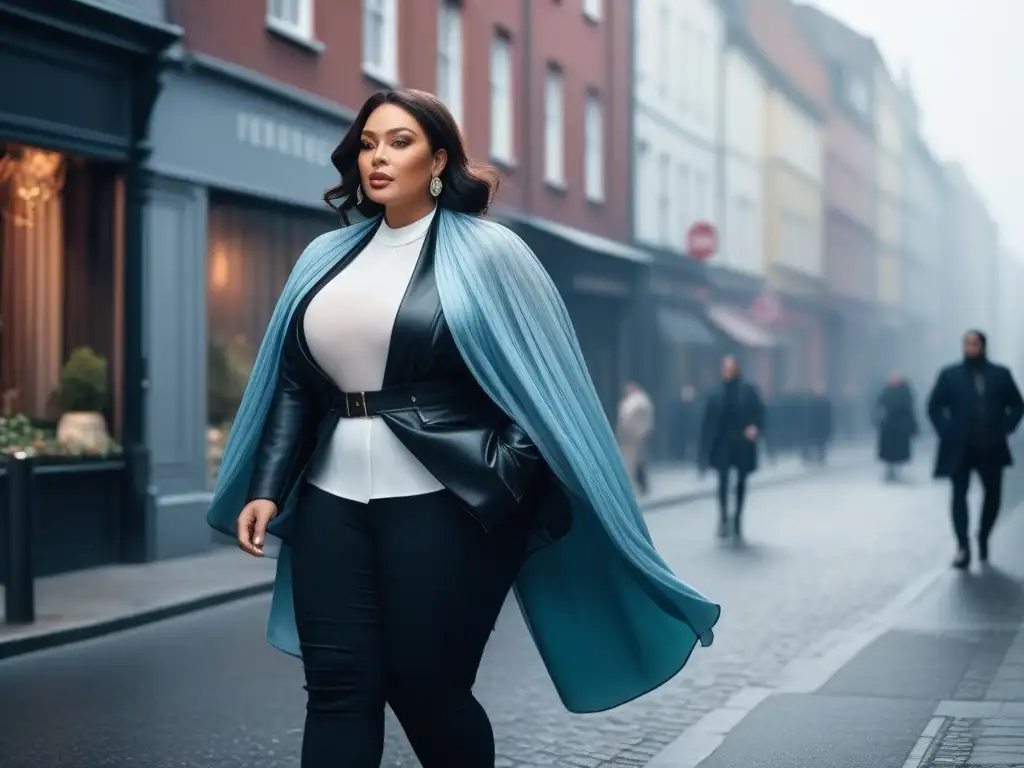 Moda plussize: Capa elegante en la ciudad Una mujer de talla plus viste capas con estilo en la ciudad, mostrando moda moderna y empoderamiento