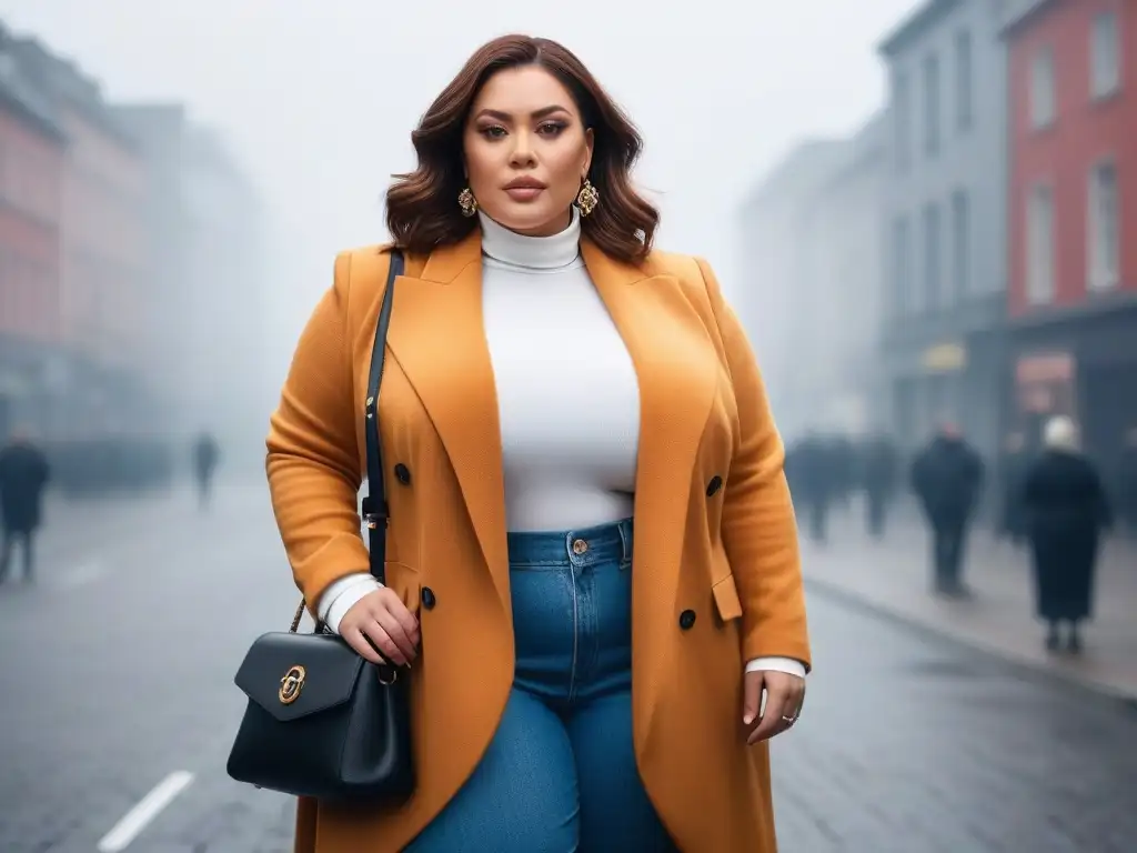 Estilo único: mujer plus size luce outfit chic y creativo en la ciudad Una mujer de talla plus viste con estilo y confianza, mostrando su creatividad al vestir en capas para tallas plus