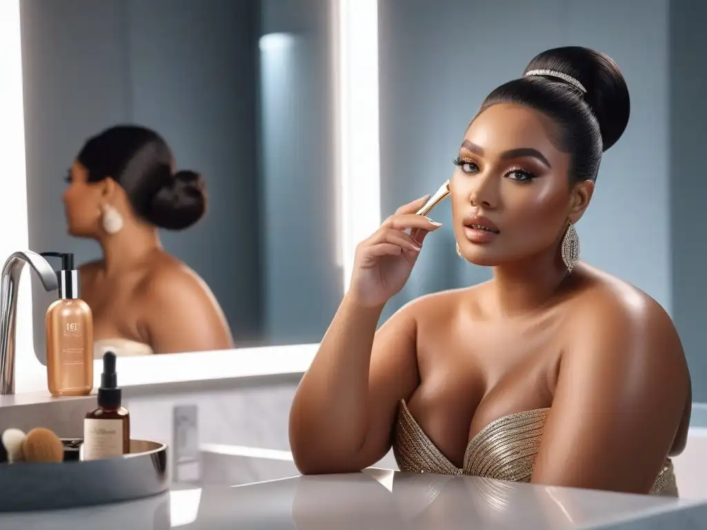 Empoderamiento y belleza plussize: ritual de skincare de lujo Una mujer de talla plus aplica productos de belleza en un baño elegante, mostrando texturas y marcas