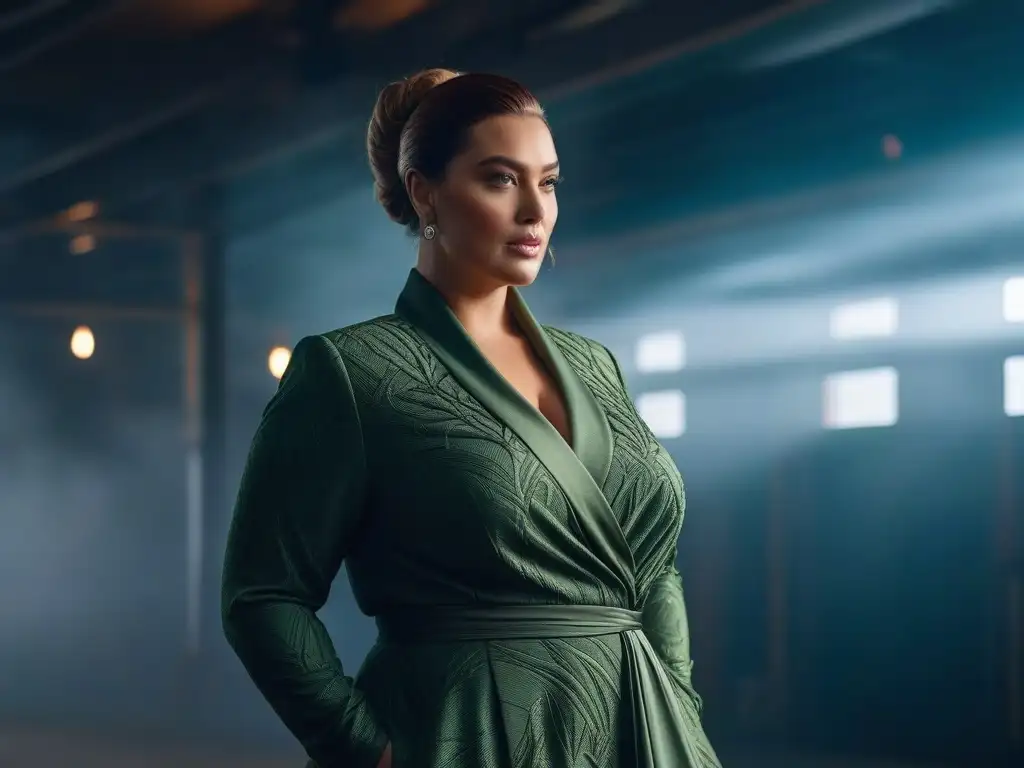 Vestido de bambú: lujo sostenible para mujeres curvy Una mujer de tallas especiales irradia confianza y elegancia en un vestido de bambú sostenible
