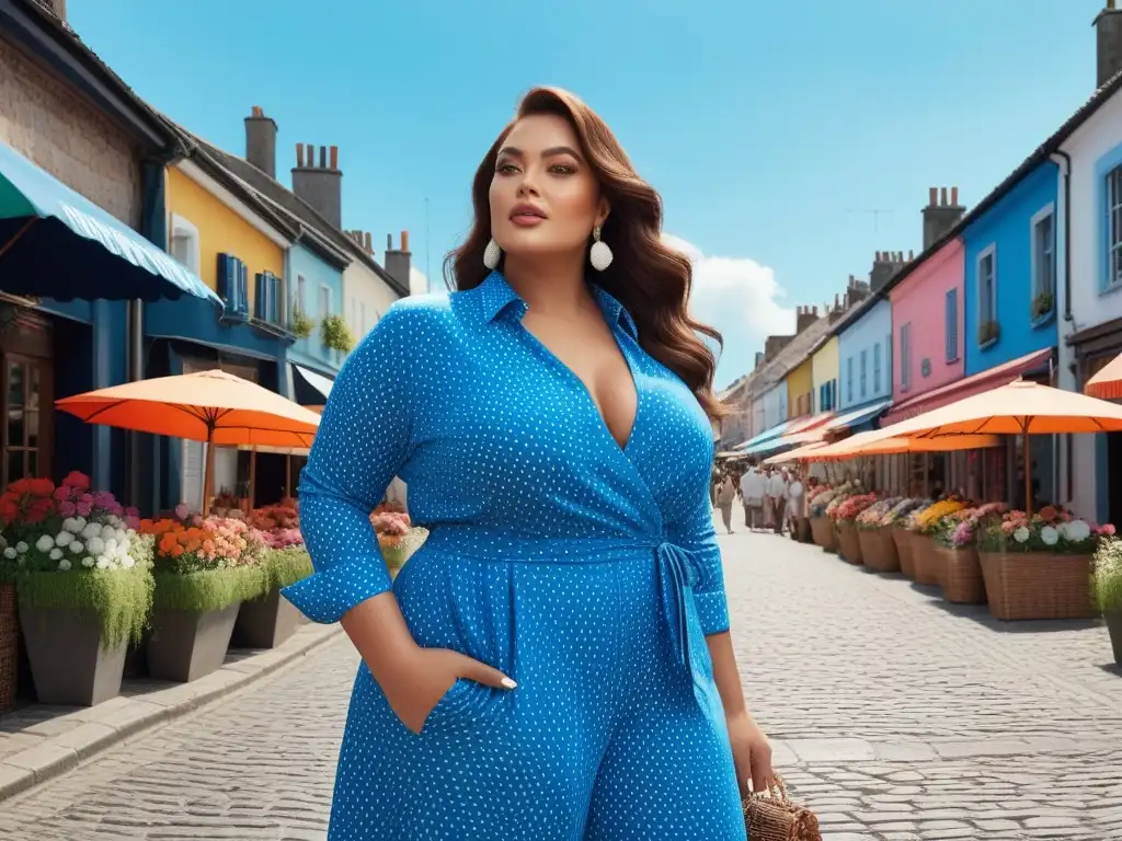 Moda veraniega para curvas: mujer segura y elegante en la ciudad Una mujer de tallas grandes elegante y segura en un animado escenario urbano de moda verano tallas altas