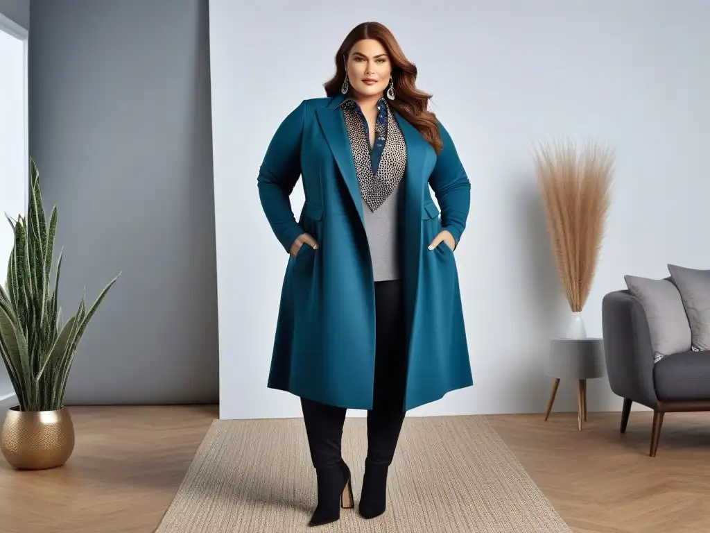Estilizando capas: Moda plussize con estilo y confianza Una mujer tallas grandes segura, viste en capas frente al espejo