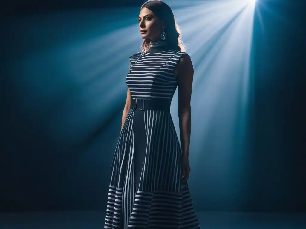 Vestido de rayas verticales: ilusión óptica moderna Una mujer luce un vestido rayado monocromático de ilusiones ópticas para lucir más alta en un entorno minimalista y moderno