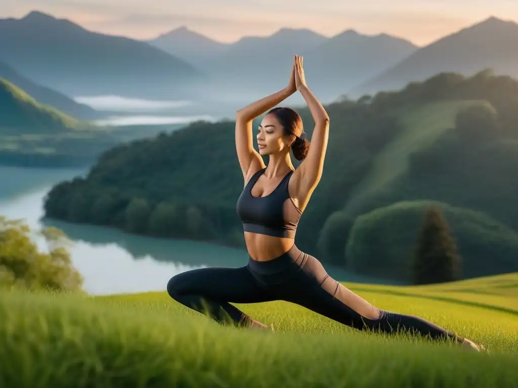 Yoga al amanecer: equilibrio y determinación en la naturaleza Mujer petite realiza yoga al amanecer en colina verde