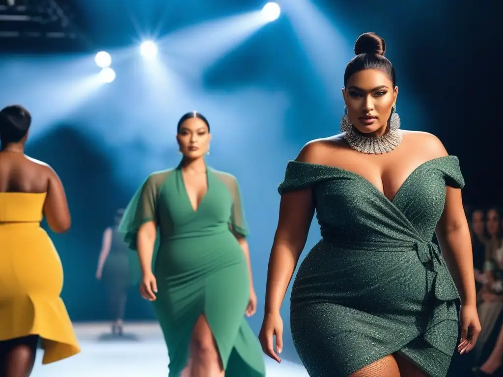 Desfile de moda: Mujeres plussize seguras y empoderadas en la pasarela Mujeres plus size desfilando con confianza en una pasarela, rompiendo estereotipos en la moda inclusiva