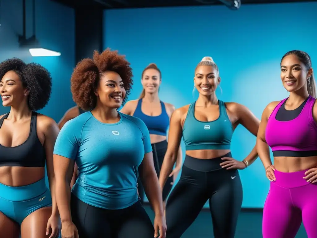 Clase de ejercicio inclusiva: mujeres diversas empoderadas Mujeres diversas y seguras en clase de moda deportiva tallas grandes inclusiva