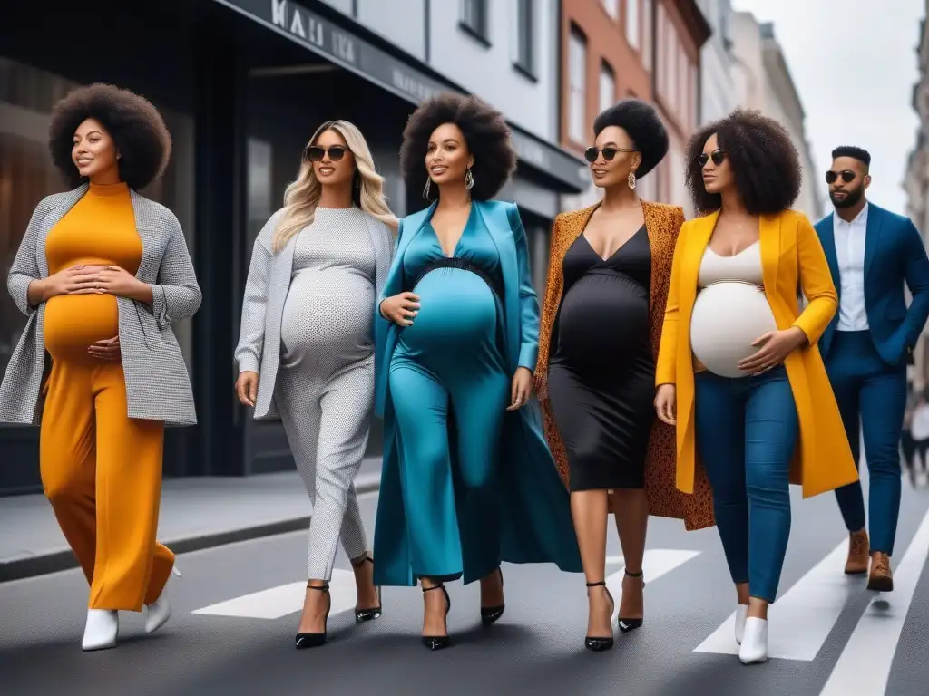 Moda de maternidad: mujeres embarazadas con estilo en la ciudad Mujeres embarazadas con estilo caminan por la ciudad, luciendo moda maternidad inclusiva de marcas colaborativas y tendencia
