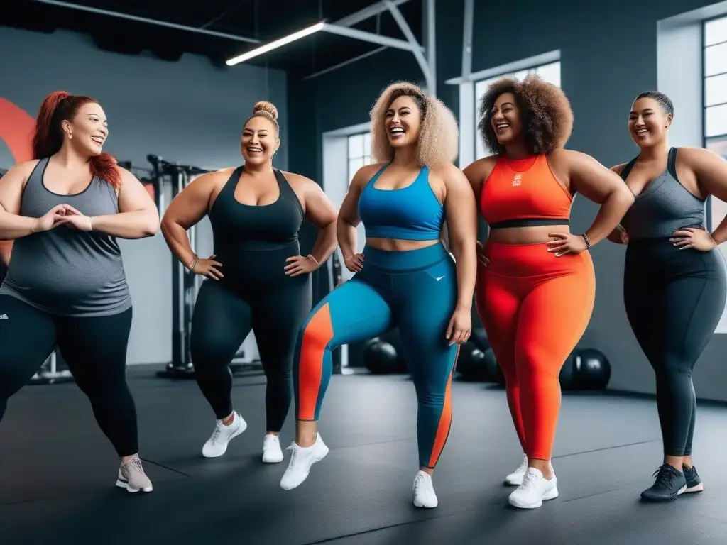 Empoderamiento y diversidad: mujeres plus size activas y felices en el gimnasio Mujeres plus size de diferentes etnias, con ropa deportiva inclusiva, ejercitándose juntas y riendo en un gimnasio moderno y brillante