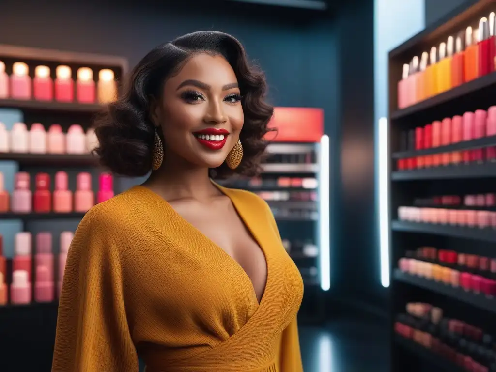 Grupo diverso de mujeres sonrientes con labiales inclusivos en estudio de maquillaje moderno y vibrante Mujeres sonrientes con barras labiales inclusivas duraderas en un estudio de maquillaje moderno y elegante, radiando confianza y diversidad