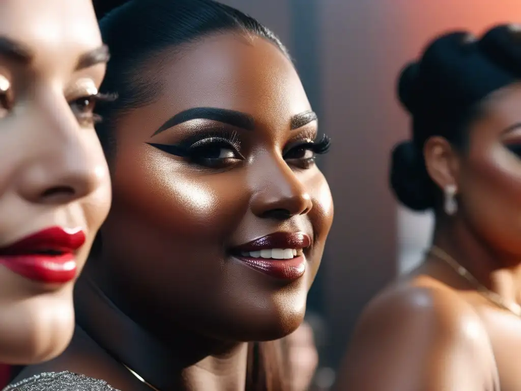 Empoderamiento: Mujeres tallas grandes prueban bases de maquillaje inclusivas en tienda de lujo Mujeres tallas grandes prueban bases inclusivas en mostrador de belleza