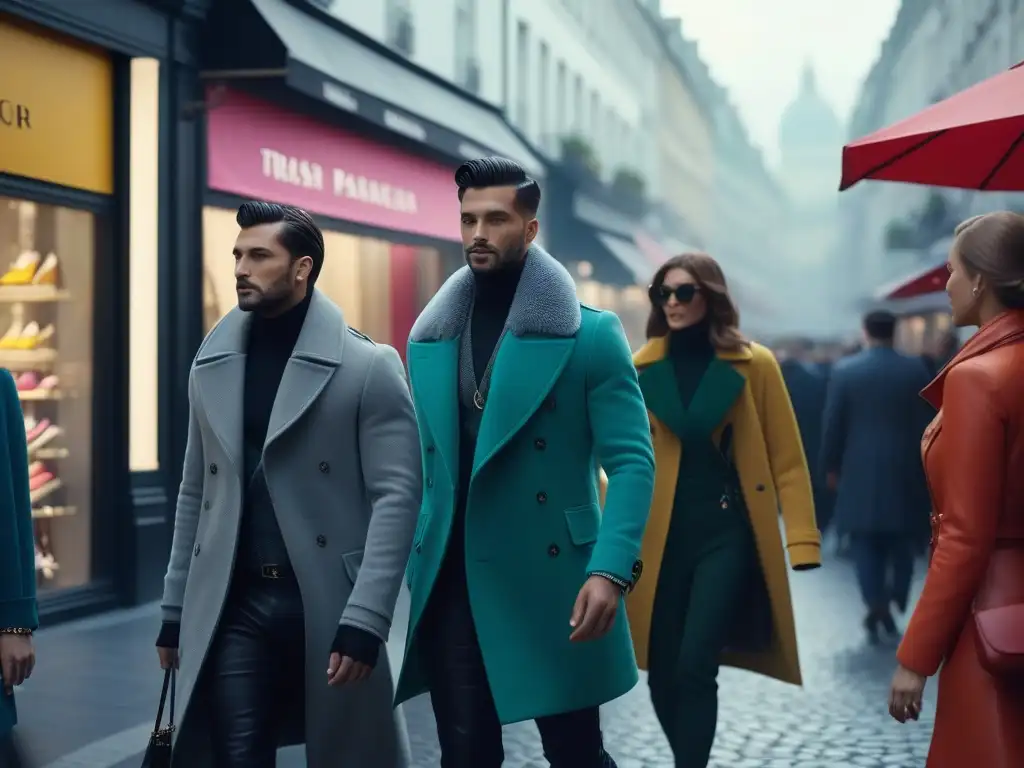Escena de compras en metrópoli de moda con estilo y diversidad Multitud de compradores elegantes en una bulliciosa calle de moda, reflejando la energía de las Rutas de compras moda inclusiva