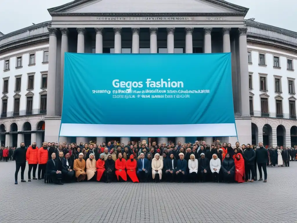 Protesta fashionista: Riesgos del Fast Fashion Inclusivo Una multitud diversa de activistas de la moda sostenible protesta con un gran banner 'Riesgos del fast fashion inclusivo' en la ciudad