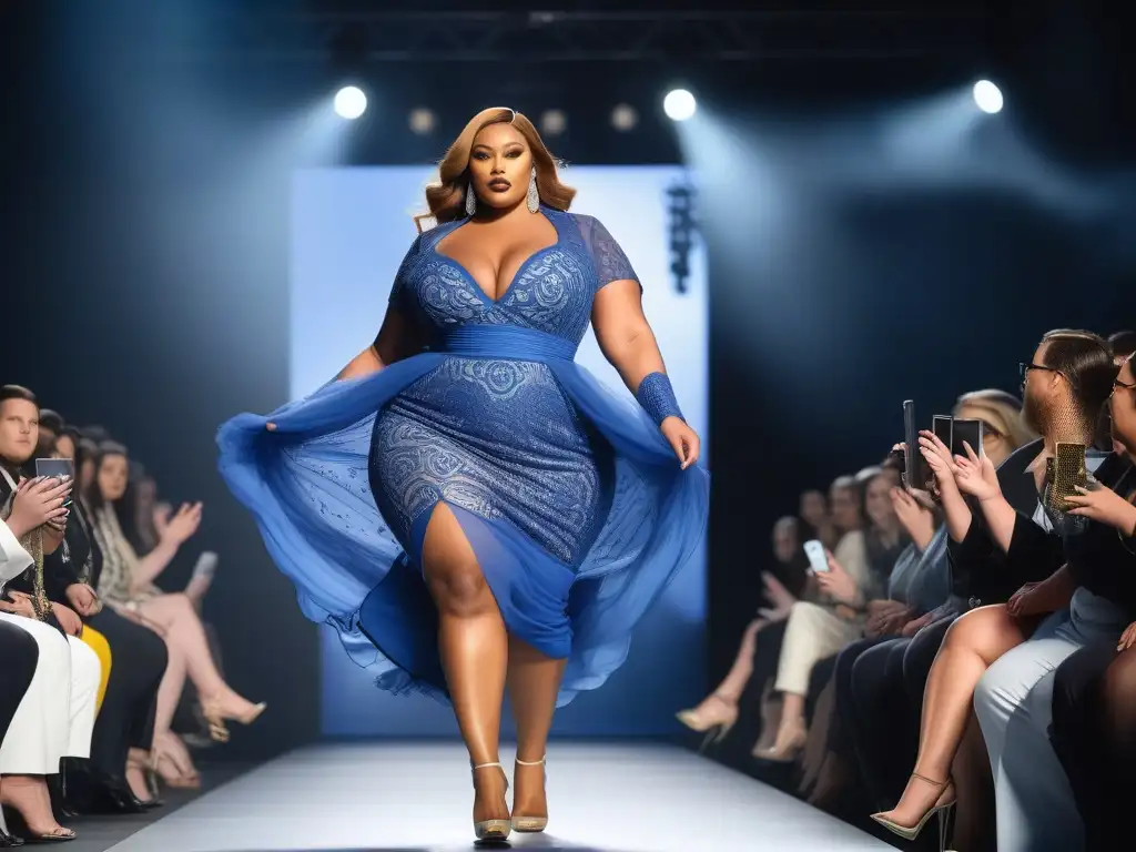 Desfile de moda plussize: Empoderamiento y estilo redefiniendo estándares Una multitud diversa desfila con confianza en una pasarela, luciendo moda plus size redefiniendo belleza