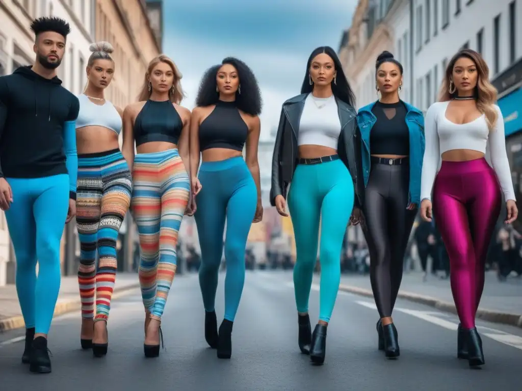 Moda inclusiva: diversidad y estilo en leggings y medias Una multitud diversa y estilosa usando leggings y medias para todos, caminando por la ciudad