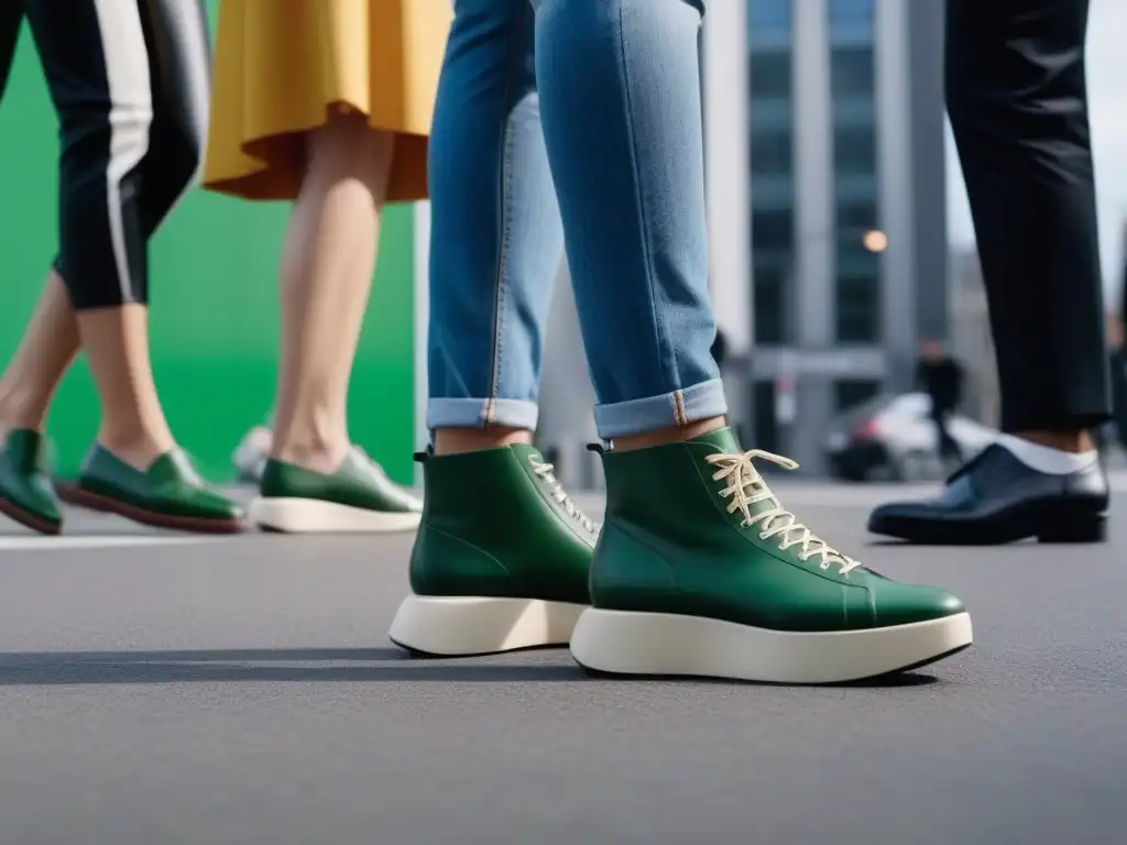 Pasarela urbana: diversidad y moda sostenible en calzado Una multitud diversa y vibrante camina con confianza por la calle de la ciudad, luciendo zapatos sostenibles y a la moda