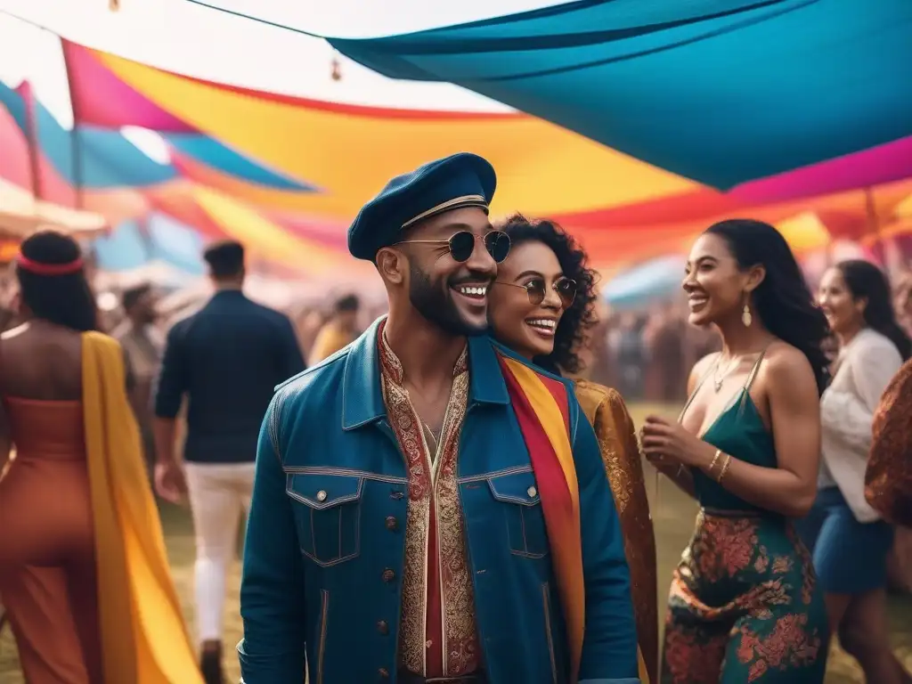 Festival de moda y diversidad: alegría bajo las banderas Una multitud diversa y vibrante en un festival, vistiendo con estilo y alegría bajo banderas de colores