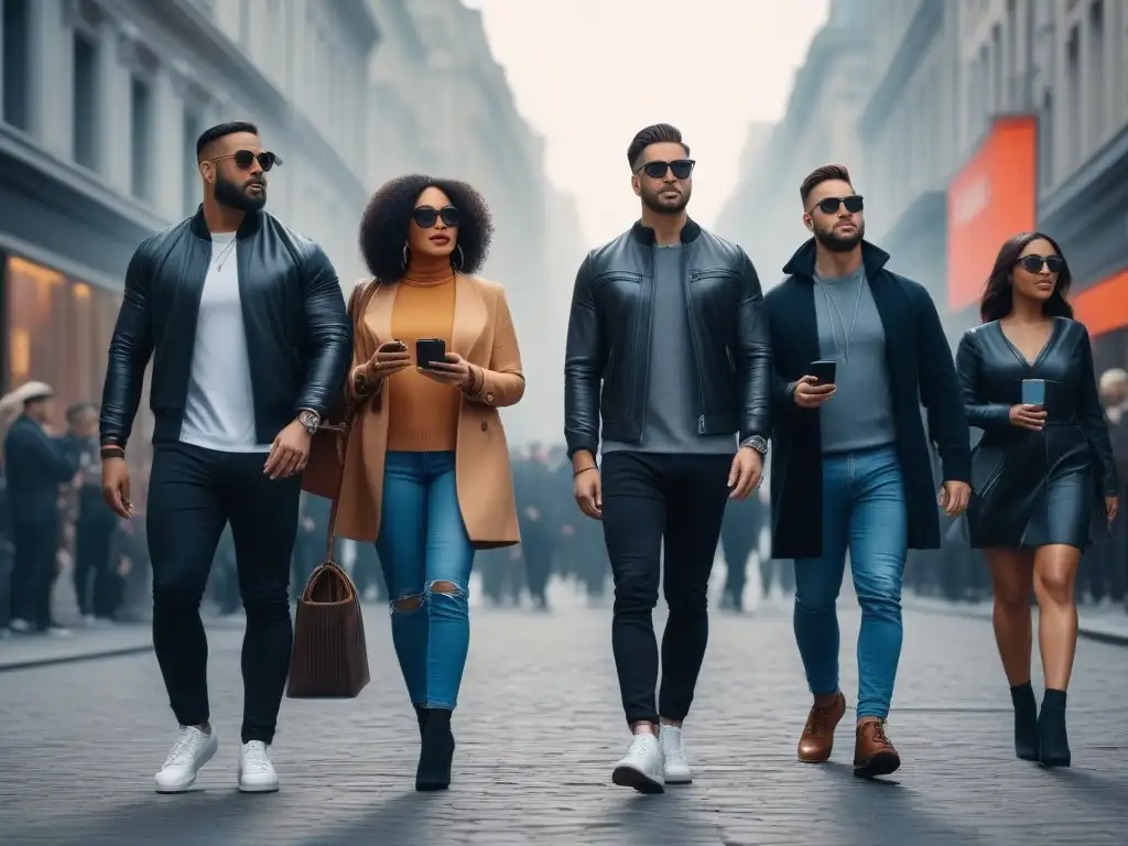 Grupo diverso con gadgets de moda en la ciudad Una multitud diversa y vibrante con gadgets de alta gama camina con confianza por la ciudad