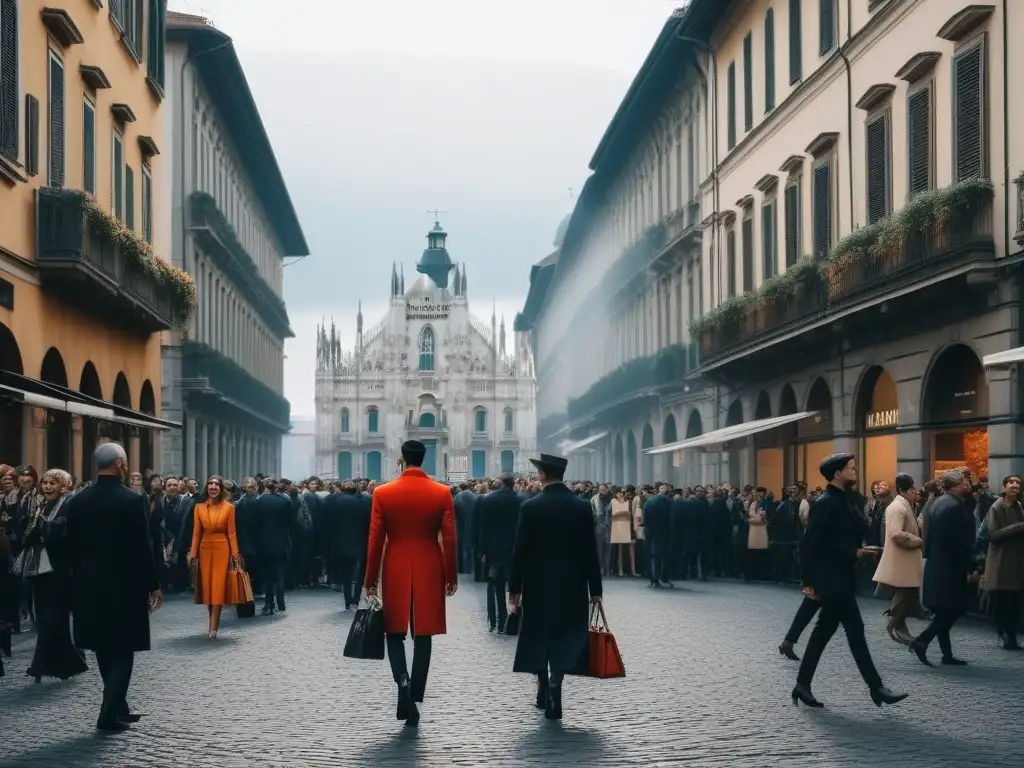 Milán Fashion Week: fusión de tradición y modernidad en las calles Multitud elegante en una bulliciosa calle de Milán durante la Semana de la Moda, fusionando tradición y vanguardia