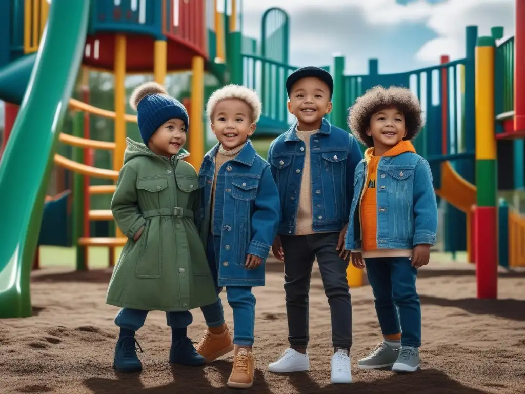 Moda infantil sostenible: diversión inclusiva en el parque colorido Un mundo de diversidad y juego inclusivo en un parque sostenible, reflejando la moda infantil sostenible y adaptable
