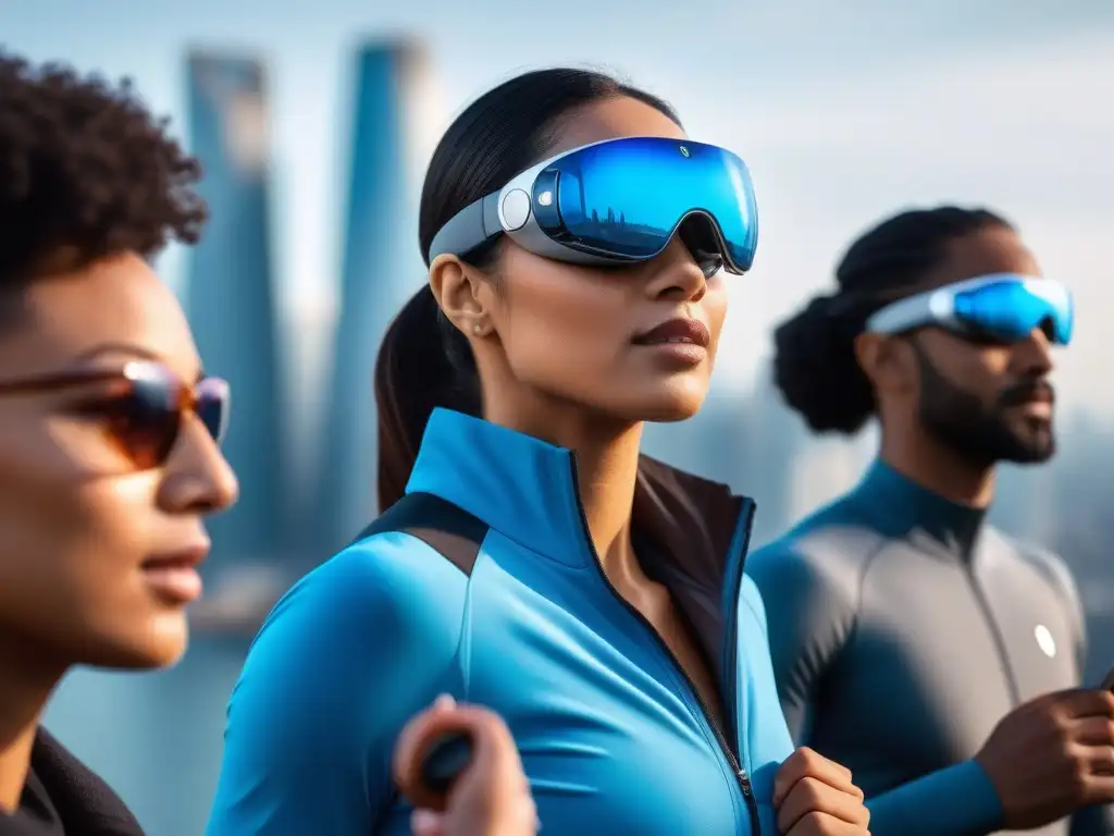Beneficios de la tecnología wearable premium en la vida cotidiana Un mundo inclusivo con wearables premium: personas de diferentes etnias y habilidades usando tecnología de alta gama en su día a día