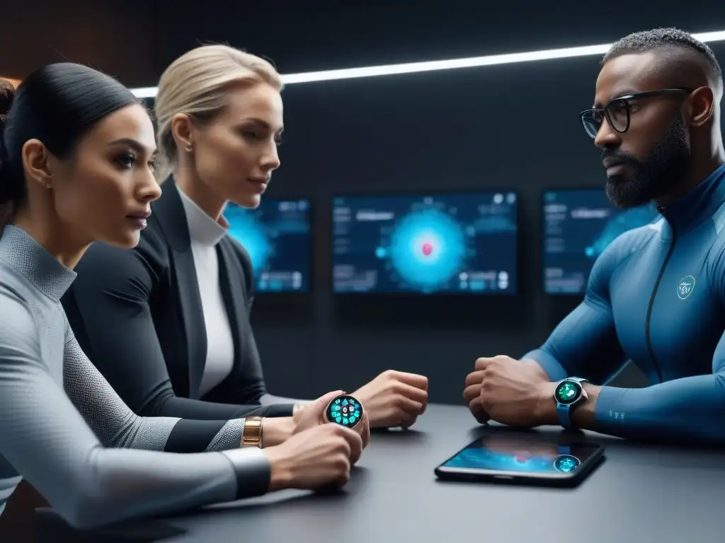 Grupo diverso con tecnología wearable en ciudad futurista Un mundo inclusivo y tecnológico con personas diversas usando wearables de moda, en actividades cotidianas