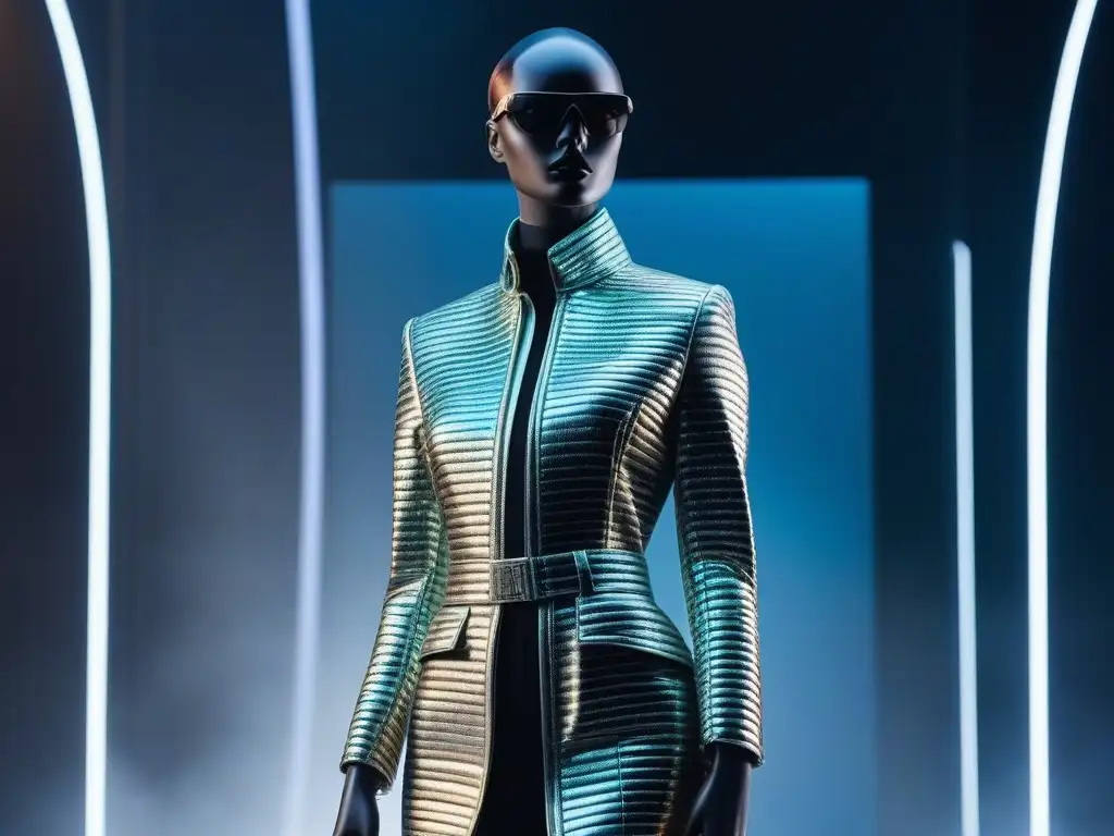 Exposición vanguardista de moda andrógina en museo futurista Un museo del futuro con moda desafiando géneros en maniquíes minimalistas iluminados con un brillo etéreo