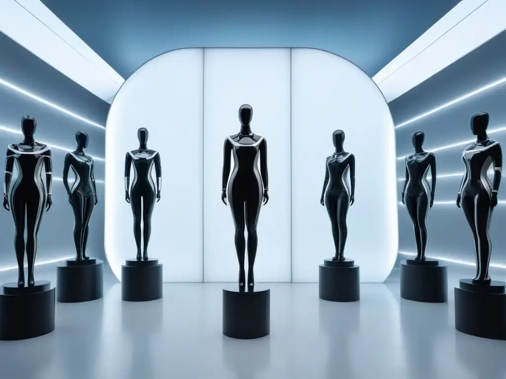 Exposición de moda para altos en museo futurista Un museo de moda para altos con maniquíes vistiendo prendas vanguardistas en un interior futurista y sofisticado