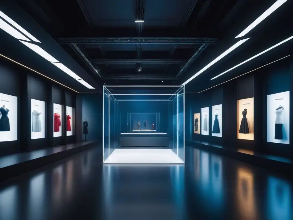 Museo de moda virtual: colecciones inclusivas y futuristas Un museo de moda virtual inclusivo con arquitectura moderna, colecciones diversas y visitantes inmersos