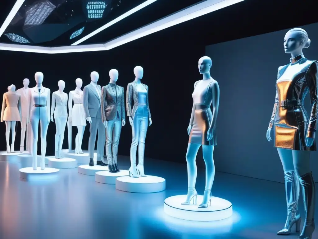 Museo de Moda Virtual Futurista: Exhibición Holográfica Museo de moda virtual inclusivo con hologramas y moda digital en un espacio minimalista y futurista iluminado de forma etérea