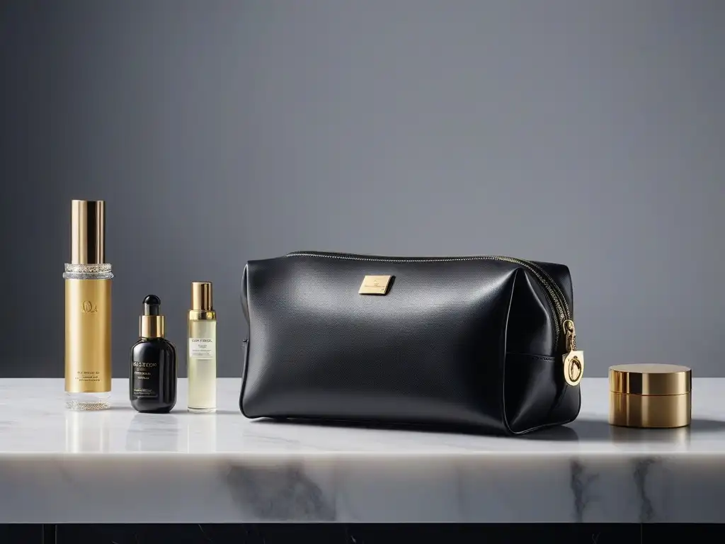 Organizador de lujo en cuero negro con detalles dorados en elegante tocador Un neceser de lujo en cuero negro con detalles dorados, sobre una encimera de mármol con productos de belleza organizados