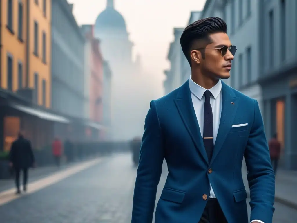 Joven elegante caminando con confianza por la ciudad Niño alto y elegante camina con confianza en la calle, luciendo una chaqueta ajustada sobre una camisa y pantalones a medida, con zapatillas de moda