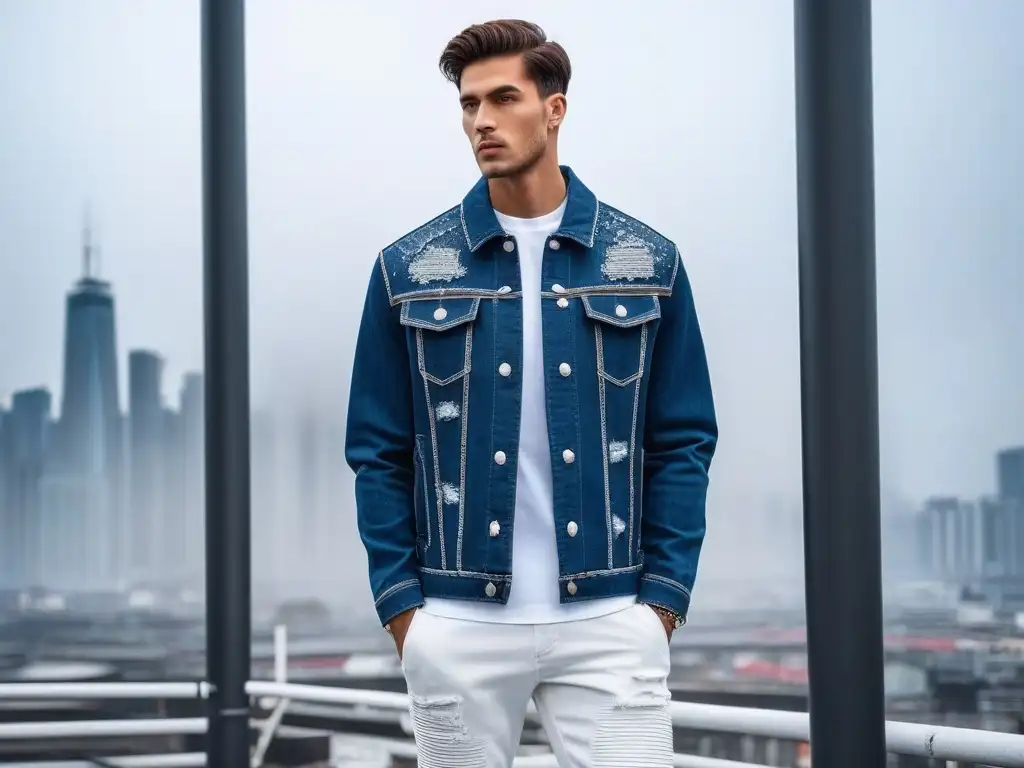 Detalles de moda urbana: niño alto seguro en denim trendy Un niño alto y seguro de sí mismo luce un atuendo moderno y elegante con detalles de costura en una ciudad