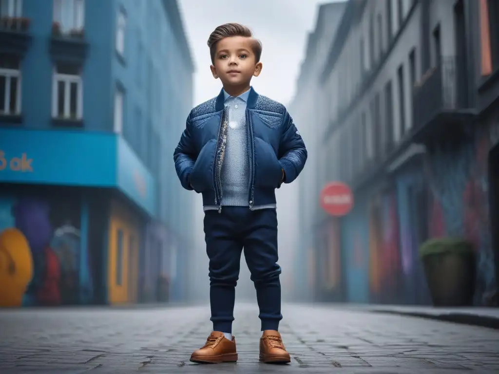 Moda infantil para niños altos: estilo y confianza en la ciudad Un niño alto y seguro de sí mismo en un entorno urbano moderno, luciendo ropa infantil para niños altos