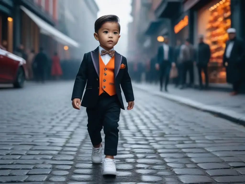 Moda infantil: mezcla de Halloween y estilo urbano Un niño camina confiado por la calle luciendo un disfraz de moda diaria único