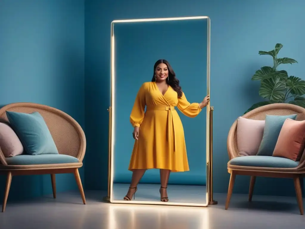 Moda infantil inclusiva: niño plus size confiado y a la moda Un niño plus size modelando con confianza un atuendo moderno y colorido frente a un espejo, transmitiendo autoestima y estilo