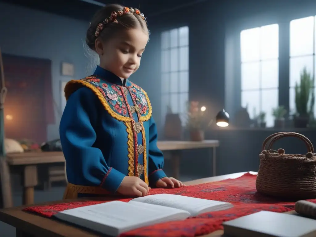 Un niño feliz modelando un atuendo único en un estudio de moda infantil DIY, lleno de creatividad y color