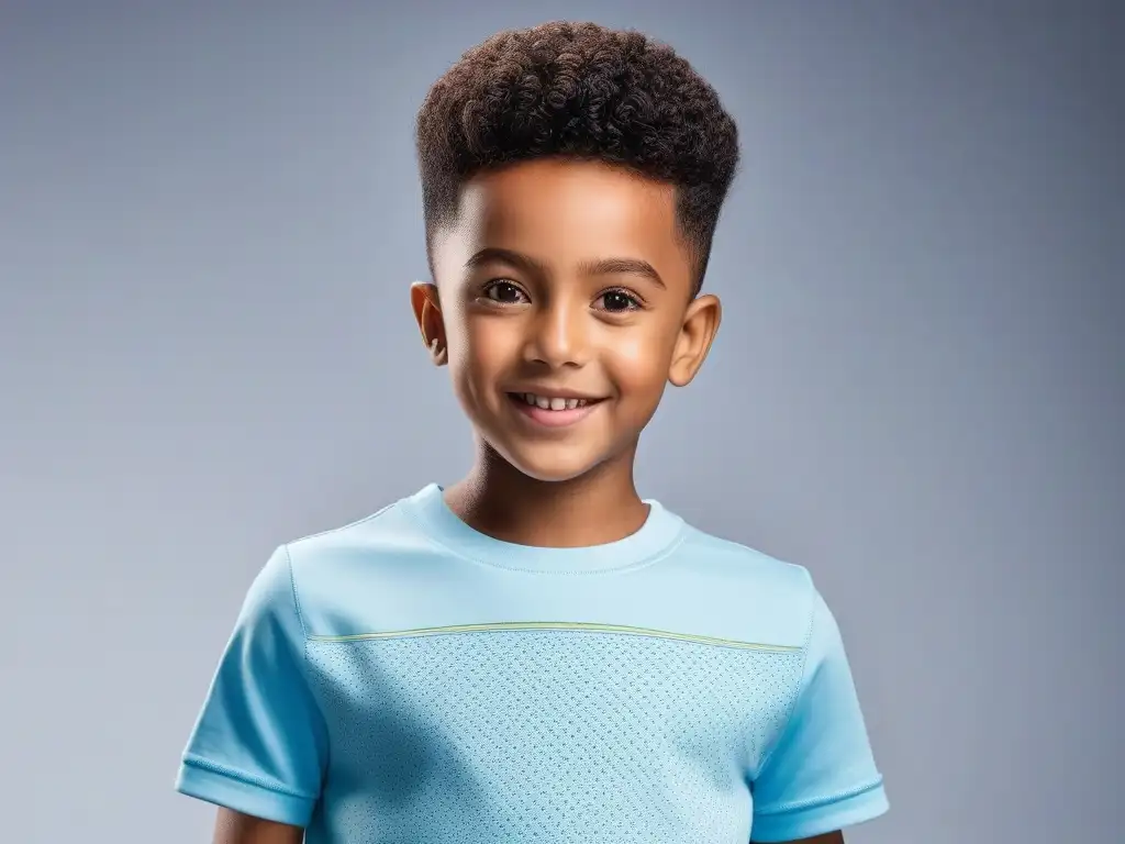 Camiseta de algodón hipoalergénico: confort y alegría infantil Un niño feliz viste una camiseta de algodón hipoalergénico suave con diseños vibrantes