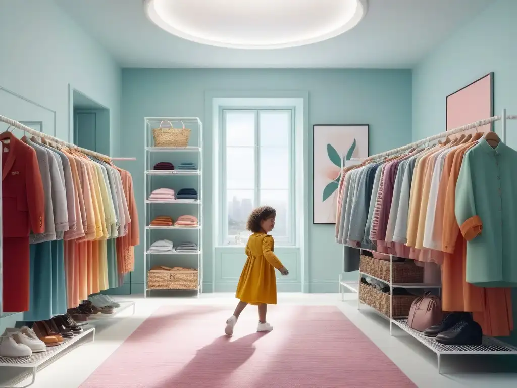 Armario infantil: moda duradera y versátil para todas las ocasiones Un niño juega feliz en una habitación con ropa organizada y colorida, mostrando prendas duraderas y versátiles para diversas ocasiones