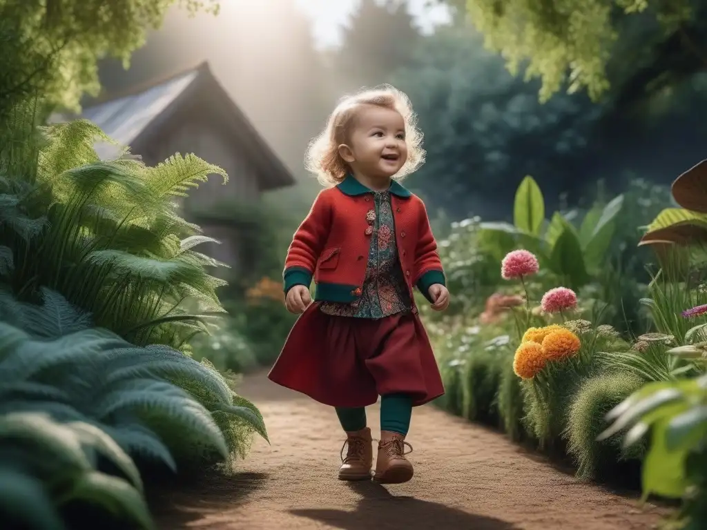 Niño feliz en jardín sostenible con moda ecofriendly Un niño feliz juega en la naturaleza con un atuendo sostenible, transmitiendo alegría e conciencia ambiental