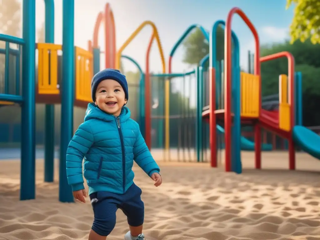 Moda inclusiva para niños: diversión y comodidad en el parque Un niño feliz juega en un parque con ropa adaptativa para niños, que le brinda comodidad y libertad de movimiento