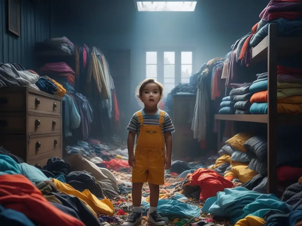Desbordado por la moda rápida: impacto visual en un niño Un niño perdido entre ropa de moda rápida, reflejando el impacto en su vestuario infantil