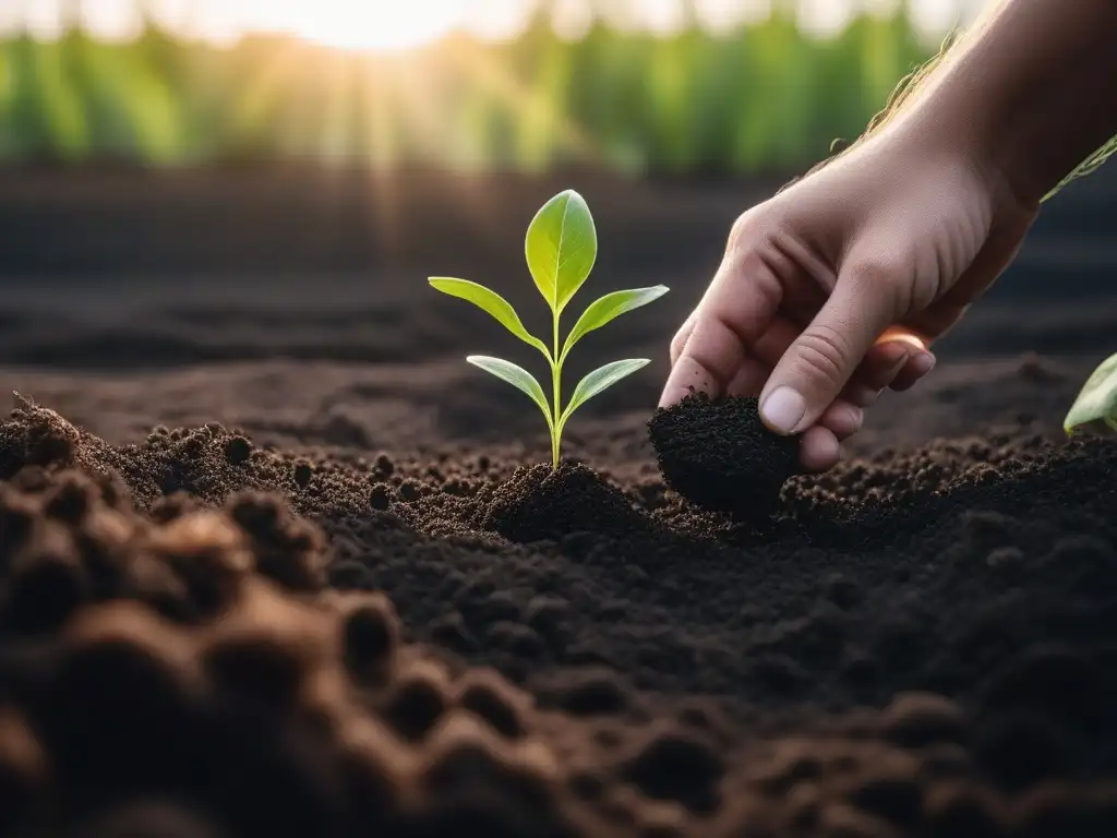 Plantando semilla verde: símbolo de crecimiento y conciencia Un niño planta una plántula verde con cuidado en la tierra oscura, bajo la luz del sol