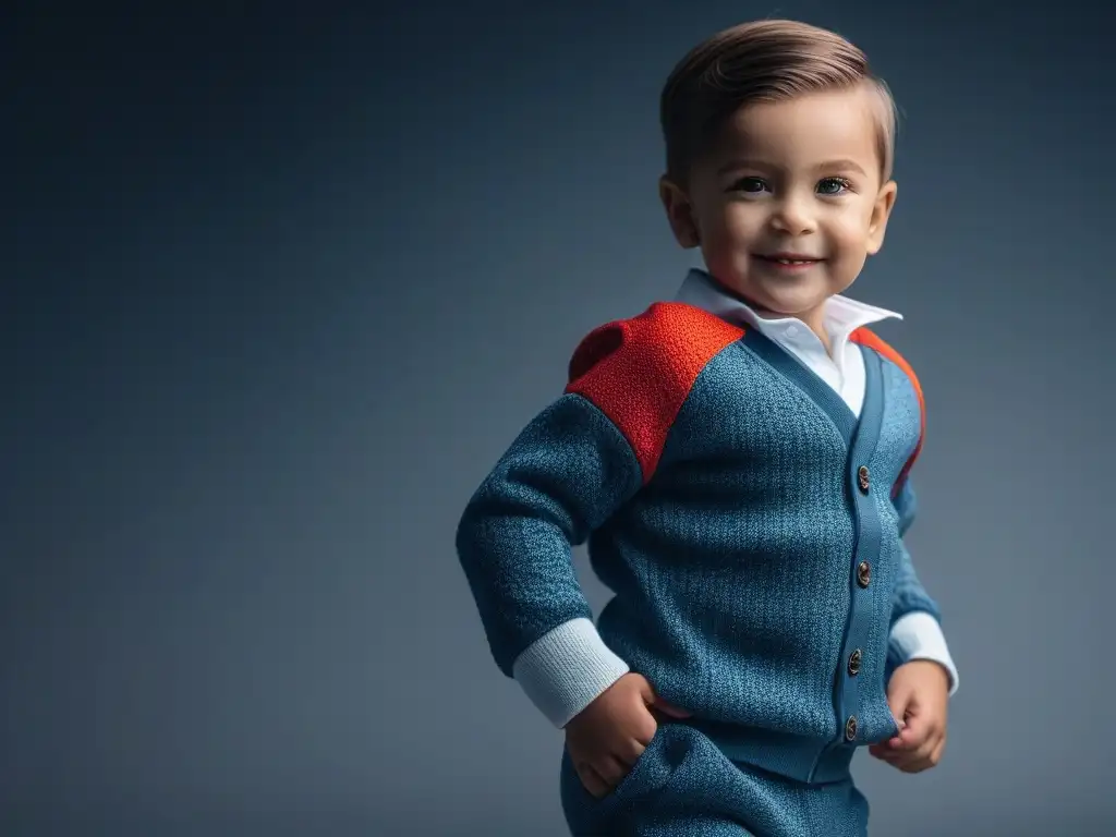 Moda sensorial: Niño feliz con ropa cómoda y chic Un niño sensorial feliz posando con ropa cómoda y elegante en un ambiente moderno y minimalista