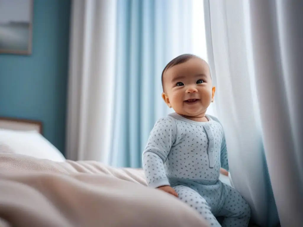 Tierno bebé sonriente en outfit de algodón orgánico: pureza y confort Niño sonriente en atuendo de algodón orgánico hipoalergénico, en un entorno sereno