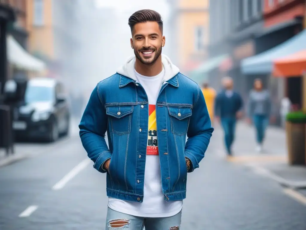 Moda urbana para niños: estilo trendy en la ciudad Niño sonriente con estilo urbano, luciendo una chaqueta denim oversize sobre una camiseta gráfica, jeans rotos y zapatillas blancas