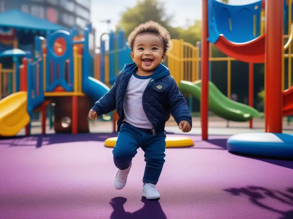 Moda adaptativa: niño feliz en parque inclusivo Un niño sonriente en un parque inclusivo, vistiendo moda infantil adaptativa para niños, jugando feliz
